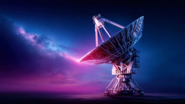 Large satellite dish antenna starry night sky glowing with vibrant purple and blue light captures cosmic signals, symbolizing advanced technology, communication, and exploration satellite dish night