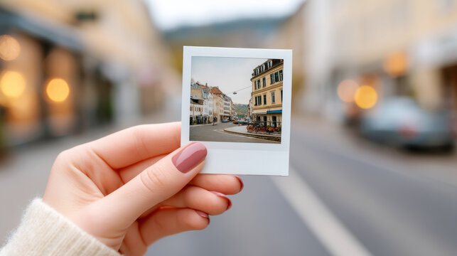 Hand holding polaroid of european street scene with blurred background