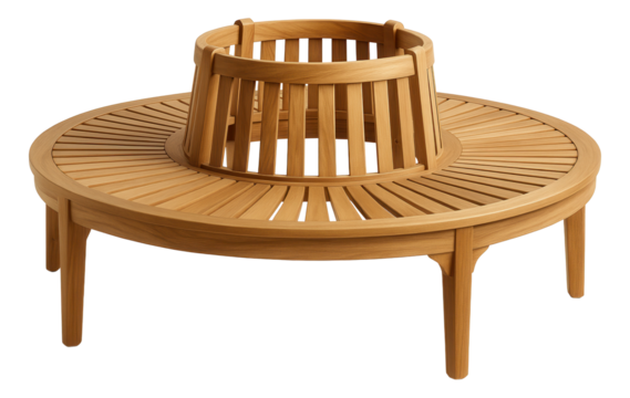 Circular garden bench that wraps around a tree, perfect for creating a communal seating spot in a large backyard.