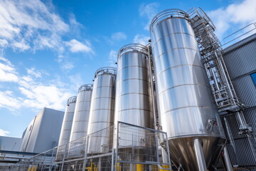 A row of tall stainless steel silo tanks at a food production factory, with connecting pipes, scaffolding.