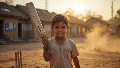 Young boy with cricket bat smiles in dusty village field at sunset