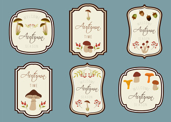 Labels for autumn and thanksgiving gift decorating with mushrooms, stickers for sketchbooks and more. Fall stickers
