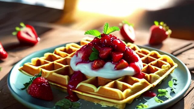 Brunch flatlay waffles with strawberry compote and coconut yogurt, moning food, breakfast concept, Waffles for breakfast, created with generative ai