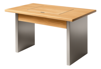 Sewing table with a lift mechanism to store the sewing machine when not in use in a multifunctional space.