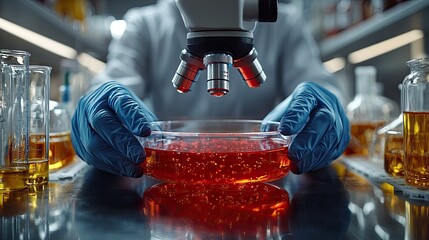 Scientist examines a petri dish in a laboratory setting.