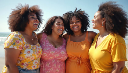 Four plus size female friends joyfully laugh on beach. Women enjoy summer vacation, demonstrate body positive, self love. Happy diverse group, embrace friendship, seaside travel. Cheerful ladies,