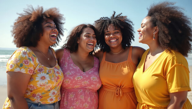 Four plus size female friends joyfully laugh on beach. Women enjoy summer vacation, demonstrate body positive, self love. Happy diverse group, embrace friendship, seaside travel. Cheerful ladies, - Powered by Adobe