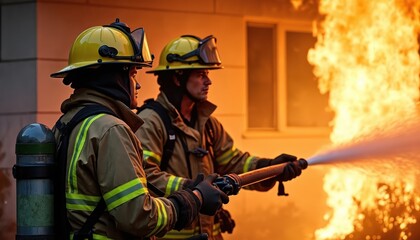 Two firefighters extinguish blaze with water hose. Firemen wearing protective gear. Burning building, flames. Emergency services fighting fire, saving lives. Fire drill training.