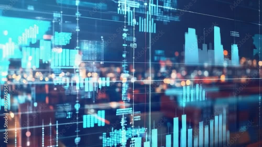 Poster Digital Cityscape: Futuristic urban scene with dynamic data visualizations, graphs, and charts overlayed on a blurred cityscape at night.  