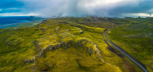 Aerial view of scenic road in Snæfellsjökull National Park, Snaefellsnes peninsula, Iceland