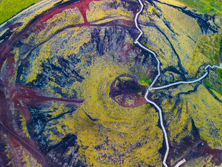 Aerial drone view of the Grabrok Volcano crater in Iceland