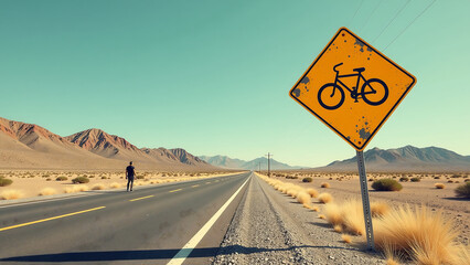 bright yellow motorcycle sign lies abandoned worn asphalt road solitary figure standing beside