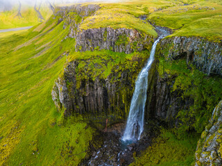 Aerial shots of Grundarfoss Waterfall, on Snaefellness peninsula, Iceland © Martin Valigursky