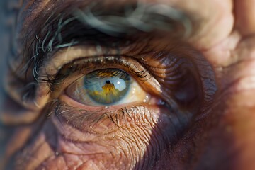 A detailed close-up showcases an elderly eye with intricate wrinkles, portraying wisdom and experience. The reflection in the eye hints at a deeper narrative, capturing the beauty and essence of aging