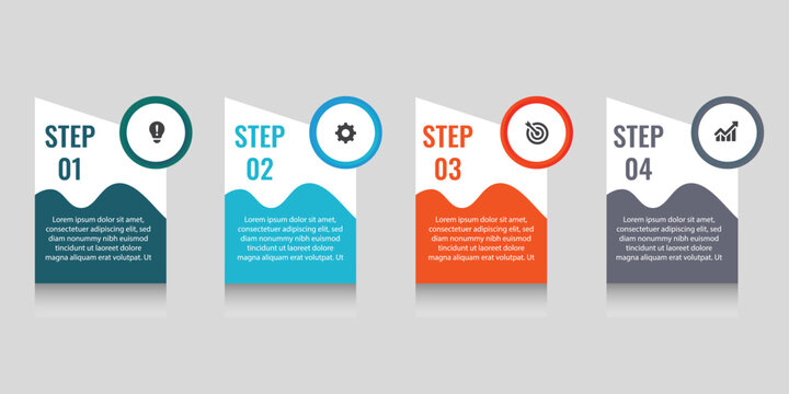 Modern 4 step infographic with colorful icons, wavy shapes, and text on light gray background.