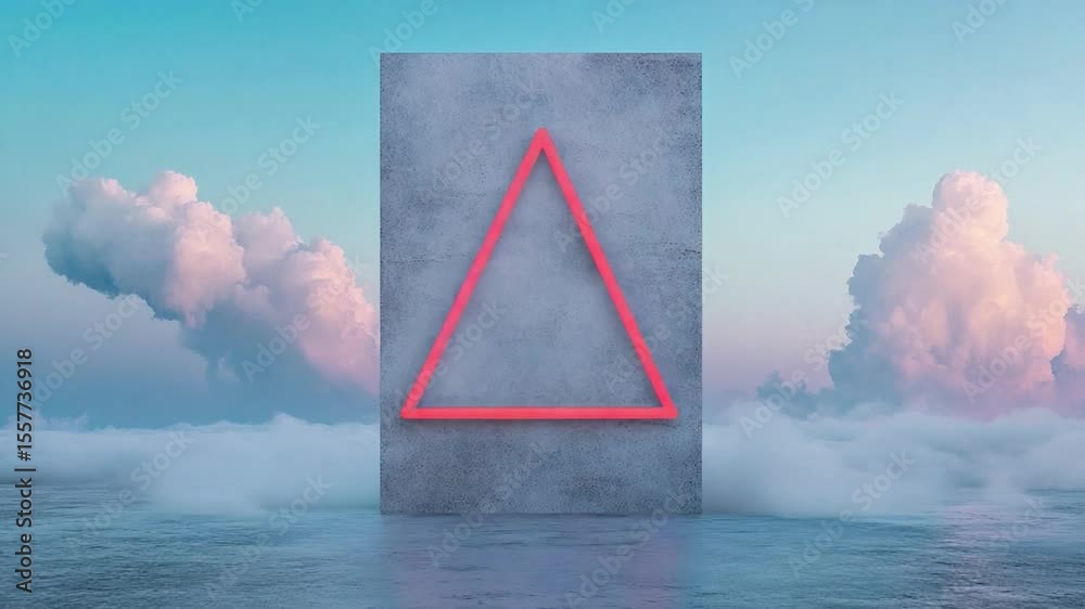 Aufkleber Neon Geometric Triangle: A vibrant neon geometric triangle suspended against a backdrop of fluffy clouds and a serene sky. Capturing a sense of modern design and visual intrigue.