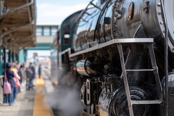 Fototapeta premium A close-up side view of a steam locomotive at a vintage train station, gleaming metal parts, large wheels, and steam hissing around the platform, with passengers boarding.