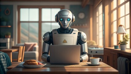 High-resolution AI-generated illustration of a humanoid robot using a laptop in a bright modern kitchen. A concept image symbolizing artificial intelligence in daily life, remote work, and smart home 