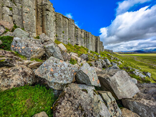 Areal view of Gerduberg basalt column cliffs, Snæfellsnes Peninsula, Iceland