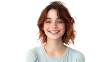 Cheerful young woman with wavy hair smiling brightly, wearing casual attire, presenting a friendly and approachable demeanor, isolated on white background