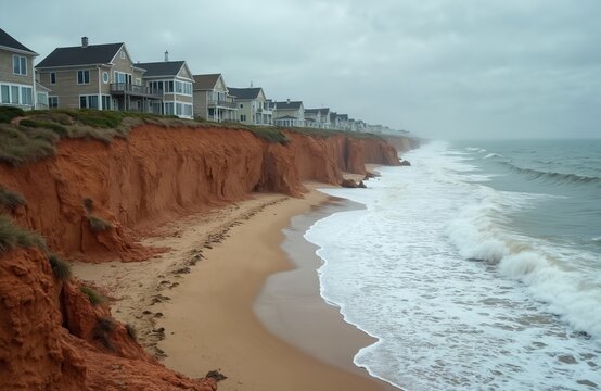 Coastal erosion caused sea level rising. Beach with damaged red cliffs near ocean and private houses. Environment damage concept. Climate change impact, shorelines being eroded by water.