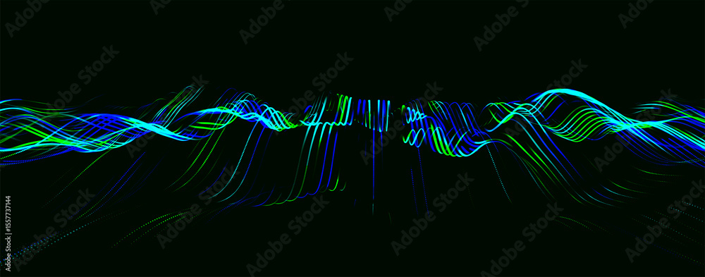 Wall mural multicolored wave of glowing dots. futuristic dot wave of bright particles, on dark background. inte