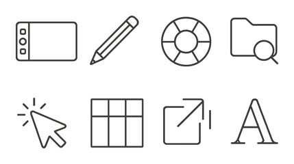 Freelance design tools icons set – outline, creative and graphic design elements