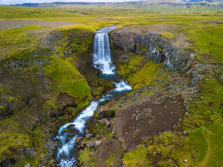 Aerial view of Svodufoss waterfall in Snaefellsnes peninsula, Iceland