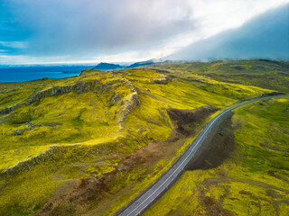 Aerial view of scenic road in Snæfellsjökull National Park, Snaefellsnes peninsula, Iceland