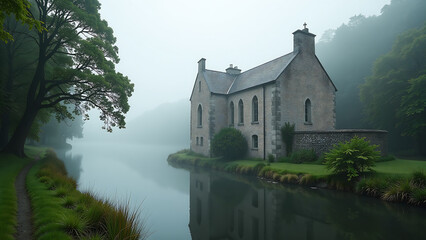 Obraz premium misty veil rises corrib river shrouding ancient stone walls saint vincent convent mercy soft ethereal light amidst lush