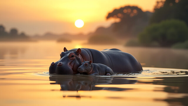 mother hippo gently floats newborn calf misty river delta golden light creeping across rippling waters surrounded serene