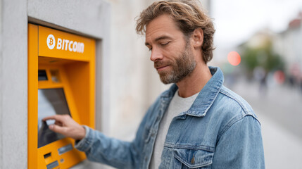 Young adult using crypto atm in clean urban environment