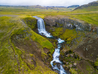 Aerial view of Svodufoss waterfall in Snaefellsnes peninsula, Iceland