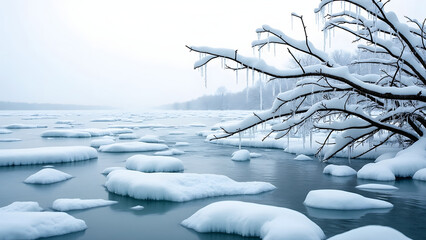 Frozen river with shattered ice and icy branches covered in snow creates serene and cold winter landscape scene