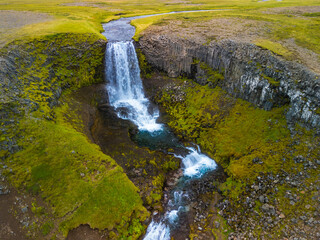 Aerial view of Svodufoss waterfall in Snaefellsnes peninsula, Iceland