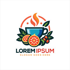 Fruit Herbal Tea Logo – Steaming Blue Cup with Citrus and Berry Elements, Vibrant Hot Beverage Design for Natural Café, Wellness Drink, or Health Brand