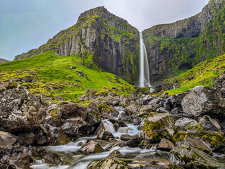 Aerial shots of Grundarfoss Waterfall, on Snaefellness peninsula, Iceland