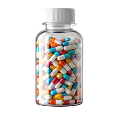Clear plastic bottle filled with colorful medical capsules and pills isolated on transparent background