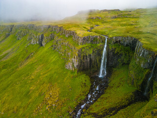 Aerial shots of Grundarfoss Waterfall, on Snaefellness peninsula, Iceland