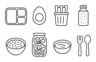 Healthy meal icons set – outline style, nutritious and balanced food symbols