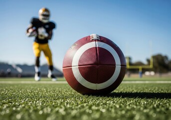 American Football on Green Field. Close up of an oval-shaped ball resting on vibrant turf. A blurred athlete stands in the background, symbolizing preparation and determination on the pitch.