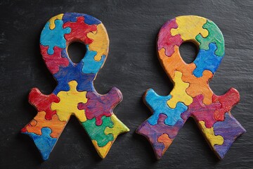 Two Puzzle Piece Ribbons on Dark Background: A Symbol of Autism Awareness and Understanding