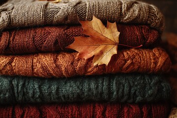 Stacked cozy sweaters with autumn foliage, warm clothing pile in fall colors, textured knitwear and seasonal leaf