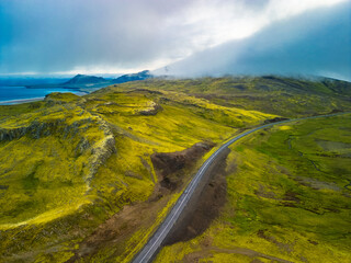 Aerial view of scenic road in Snæfellsjökull National Park, Snaefellsnes peninsula, Iceland