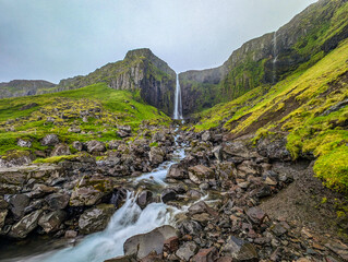 Aerial shots of Grundarfoss Waterfall, on Snaefellness peninsula, Iceland