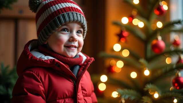 young boy bundled winter gear stands beside festively lit christmas tree adorned twinkling lights red ornaments