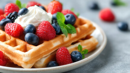 Enjoy delightful Belgian waffles topped with fresh berries and whipped cream in soft morning light