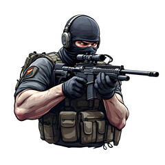 Illustration of a soldier in tactical gear aiming a rifle with a scope against black background