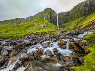 Aerial shots of Grundarfoss Waterfall, on Snaefellness peninsula, Iceland