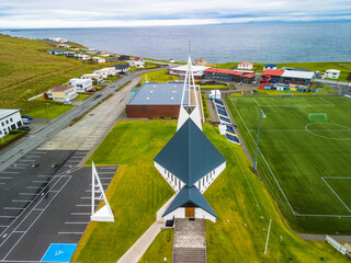 The Olafsvikurkirkja Lutheran church and bell tower in Olafsvik, Iceland
